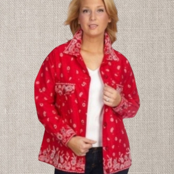 Quacker Factory QVC red bandana western Cowgirl embellished Jean jacket sz M - Picture 1 of 9